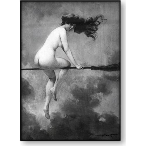 Witch Riding Broomstick Vintage Poster Wall Art Canvas Print Witch Broom Gothic Occult Halloween Antique Black White Painting