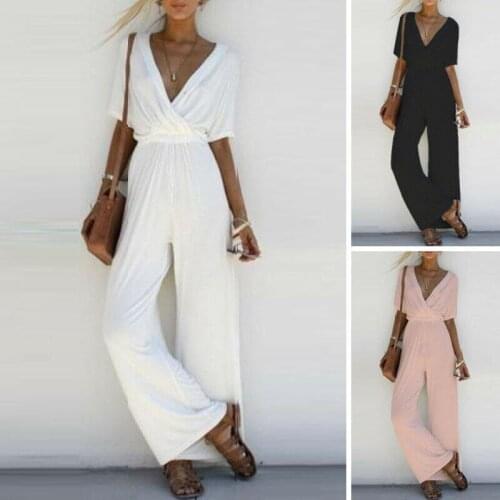Womens Slim Summer Jumpsuit Wrap Frill Playsuit Wide Leg Pants Trousers Rompers Bikini Cover Up