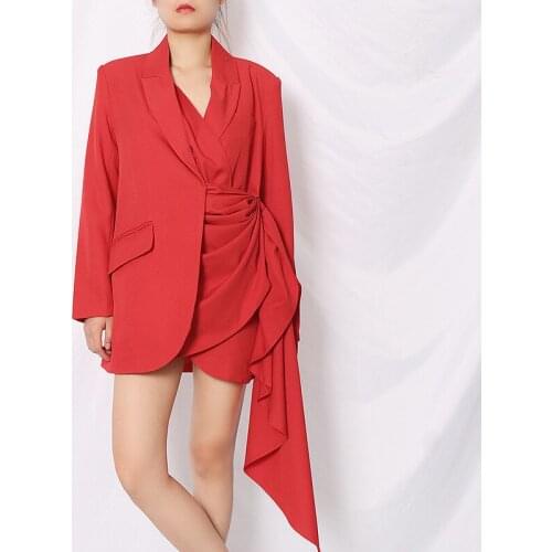 Brand Runway 2020 Autumn Women Fashion Office Sexy V-Neck Asymmetric Coat Top Single-Breasted Design Red Black Jacket Clothes