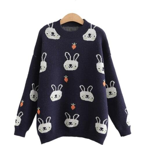 Cartoon Rabbit Embroidery Loose Korean Women Knitted Pullover Sweater 2020 Winter Long Sleeve O-neck Sweet Style Girly Basic Top