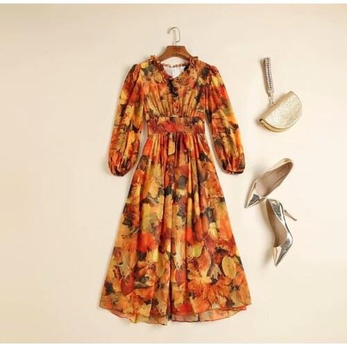 Womens European and American dress 2021 summer new styles Nine point sleeve V neck Maple leaf printed Fashionable dress