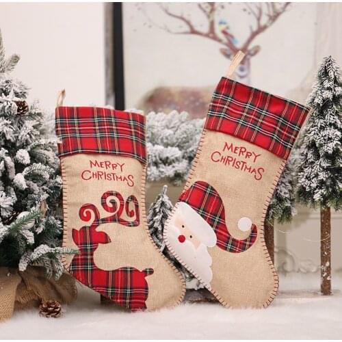 1Pcs Christmas Stockings Xmas Tree Fireplace Hanging Decorative Socks Gift Bags Holders Burlap Plaid Style Home Decoration