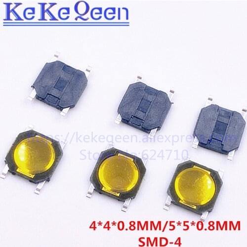 100PCS 4*4*0.8mm 4X4X0.8mm 5*5*0.8mm 5x5x0.8mm SMD Push Button Switches tact switch button with cover, Yellow foil Micro Switch