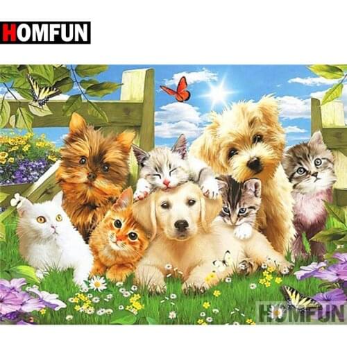 HOMFUN Full Square/Round Drill 5D DIY Diamond Painting "Animal cat and dog" 3D Diamond Embroidery Cross Stitch Home Decor A19273