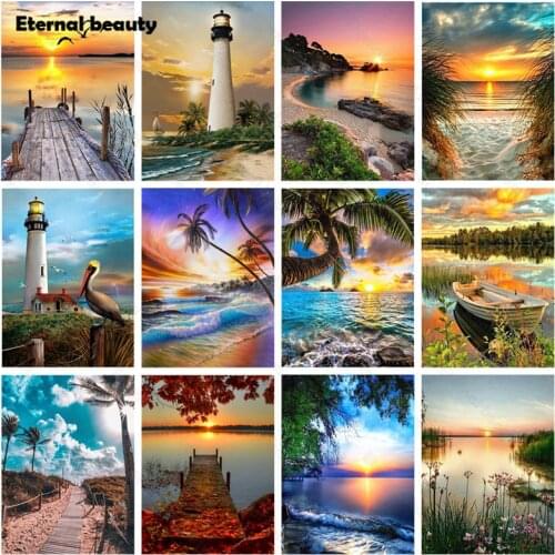 Diamond Painting Landscape Scenery Cross Stitch Kits Full Round Drill 5D Rhinestone Seaside Diamond Embroidery Mosaic Home Decor