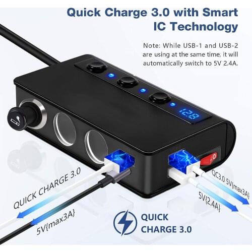 VR robot PD+Dual QC 3.0 Fast Charging 180W 12-24V Cigarette Lighter Adapter 3-Socket Car Splitter 3-Port USB+Type-c Charger