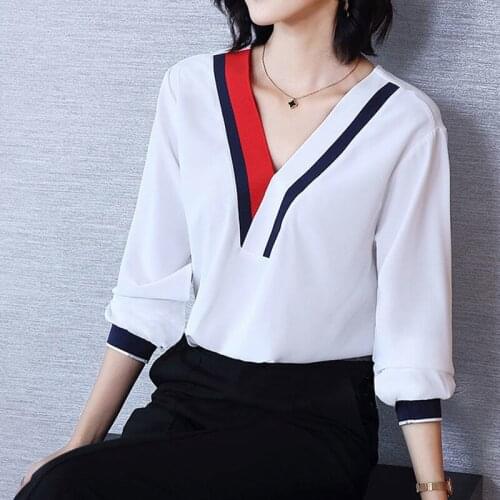 Womens Spring Summer Style Chiffon Blouses Shirt Womens V-Neck Three Quarter Sleeve Splicing Korean Elegant Tops DD9036