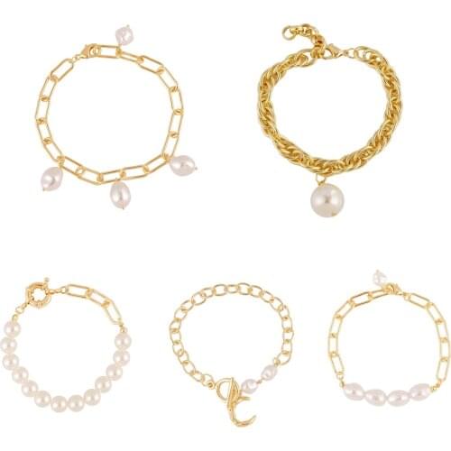 Baroque 5 Design Handmade Simulated Pearl Bracelet for Women New Fashion Gold Color Chain Bracelet Boho Jewelry