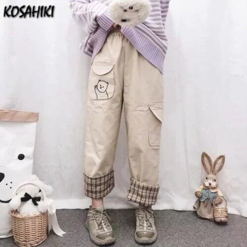 KOSAHIKI Wide Leg Pants Women Fall All-match Teens Trousers Kawaii Bear Pockets High Waist Vintage Womens Pant Ins Sweatpants