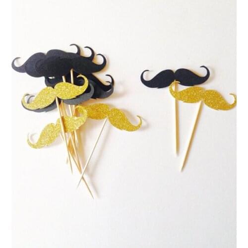 Black & gold glitter mustache cupcake toppers, wedding party engagement food picks birthday cake decor