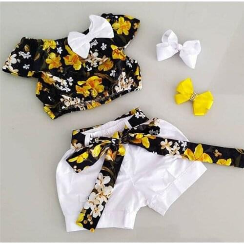 2020 Summer Toddler Kid Baby Girl Short Sleeve Floral Print Tops Shirt White Sashes Short Pants Outfit Clothes Set 2PCS