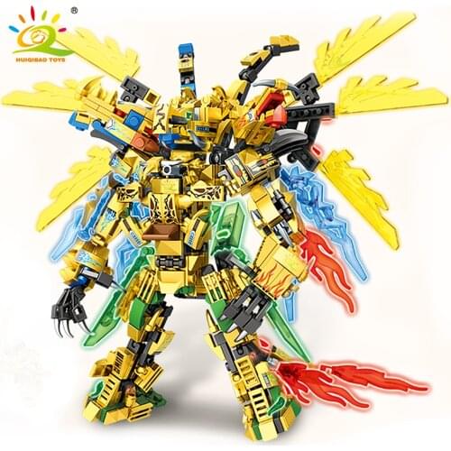 HUIQIBAO 727PCS Gold Mecha Model Building Blocks 4 in 1 Ninja Dragon model with Figures City Bricks Educational Toy For Children