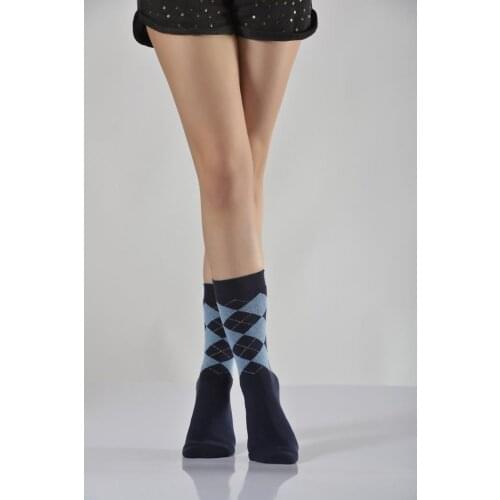 Idilfashion Women Full Towel Plaid Socket Stocking-Navy Blue-B-ART051 (3'LÜ PACKAGE)