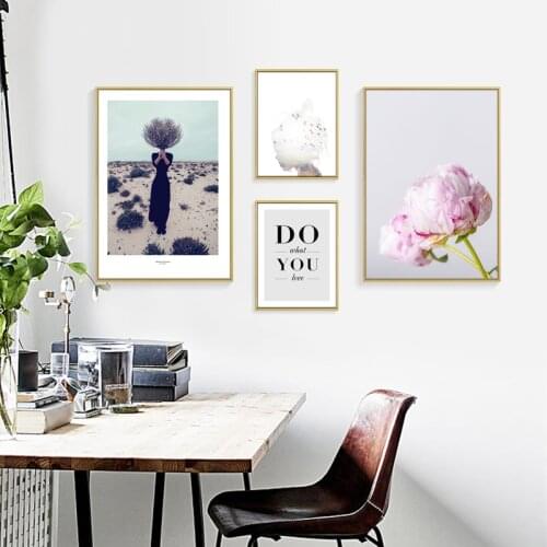 Nordic Portrait Decor Painting Character Girl Scenery Plant Flower Letter Canvas Background Wall Frameless Picture Poster Room