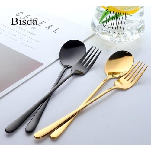 2PC Korean Soup Spoon and Fork Set 18/10 Stainless Steel Gold Dinner Spoon Blue Dinnerware Spoon Set Long Handle Black Spoons