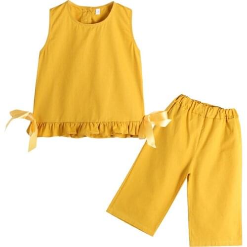 Girl summer fashion two-piece suit Girl solid color vest wide leg pants suit Girl bow decoration vest pants two-piece