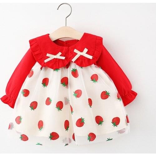 2021 Hot Sale Baby Girl Dress Kids Sweet Strawberry Tutu Long-Sleeve Dress Children Birthday Party Princess Dress For 0-4 Years