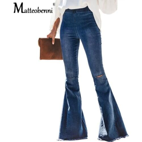 Fashion High Waisted Big Flare Jeans For Women Ripped Knee Hole Skinny Wide-Leg Denim Pants Female Casual 2XL Black Elastic Jean