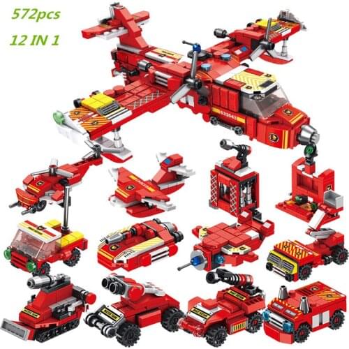 12 In 1 City Fire Rescue Aircraft Building Blocks Kit Bricks Helicopter Firefighting Plane Classic Model Toys for Children Gifts