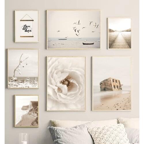 Simplicity Flower Beach Bridge Seagull Boat Nordic Poster Wall Art Print Canvas Painting Decoration Pictures For Living Room