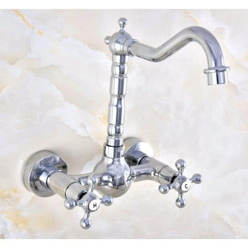 Polished Chrome Brass Wall Mount Bathroom Basin Kitchen Sink Faucet Swivel Spout Mixer Tap Dual Cross Handles Levers anf576