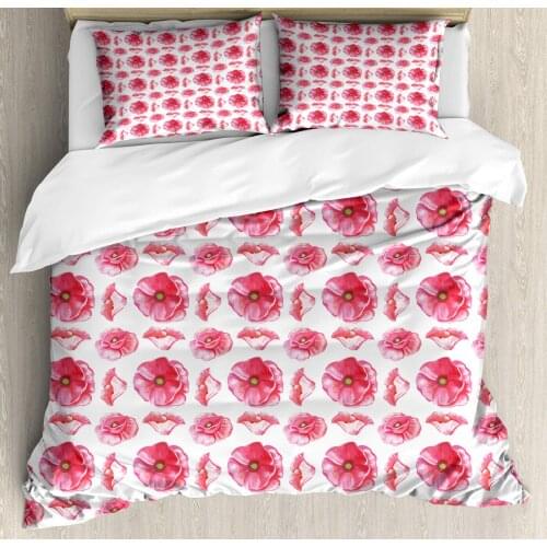 Pink Floral Duvet Cover Set Watercolor of Big Anemone Petals 3 Piece Bedding Set Dark Coral Pale Olive Green Baby Pink Dried