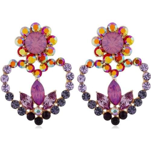 Purple Stone Crystal Peach Heart Drop Earrings for Women Fashion Full Rhinestones Earrings Modern Jewelry Gift