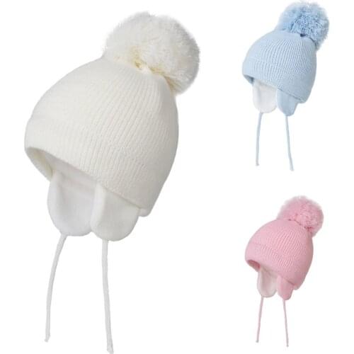 Connectyle Infant Baby Winter Skull Hat Fleece Lined with Earflap Knitted Cute Pom-Pom Solid Color Beanie Caps For Boys Girls