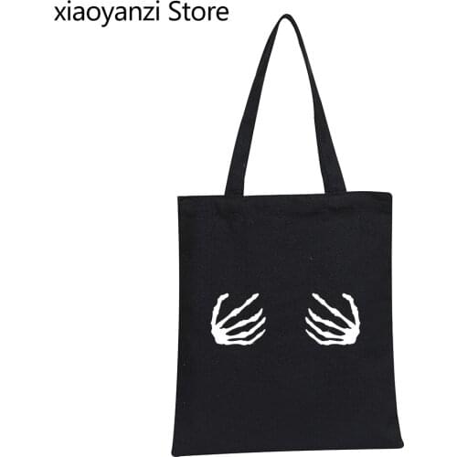 Skeleton Hands Boobs Women Shopping Bags Casual Funny Eco Reusable Handbag Black Ladies Shopper Bag For Lady Hipster SL-496