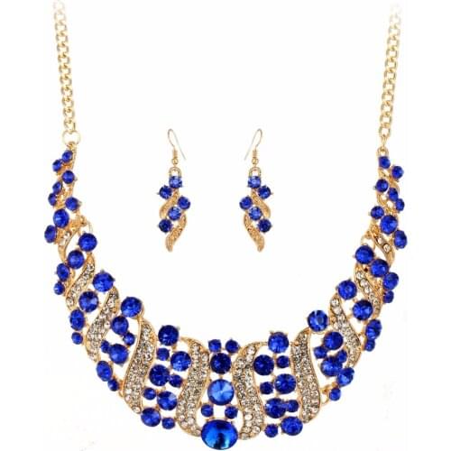 Engagement jewelry sets gold color statement bib choker necklace drop earrings blue rhinestone gem stone pendant necklaces