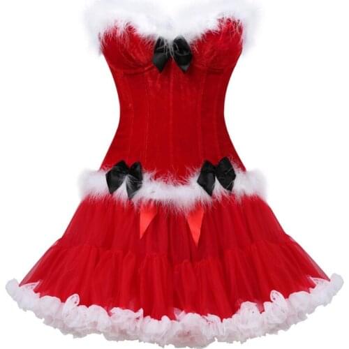Christmas costume flannel bow fur overbust sexy red corset lingerie+skirt gotico woman waist corset & bustier party burlesque
