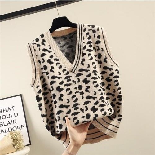 V-neck Leopard Pattern Knitted Sweater Vest Women Loose Sleeveless Fashion Short Pullover Sueter Gilet Tops Female Spring Autumn