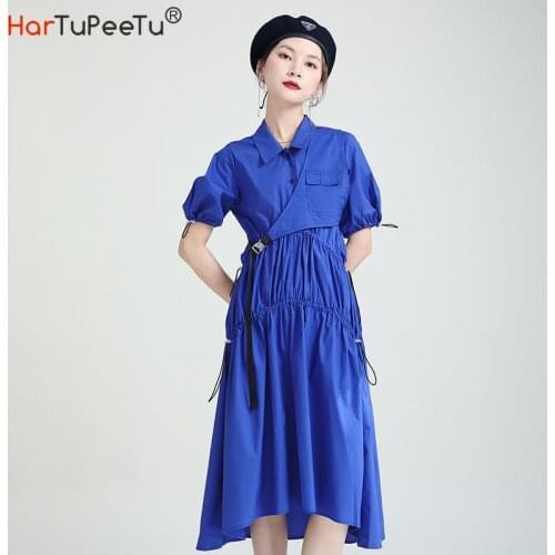 Irregular Blue Dress Midi Sets Women Summer Two Piece Suit Japan Style Puff Sleeve Drawstring Vestido and Buckle Vest Outfit