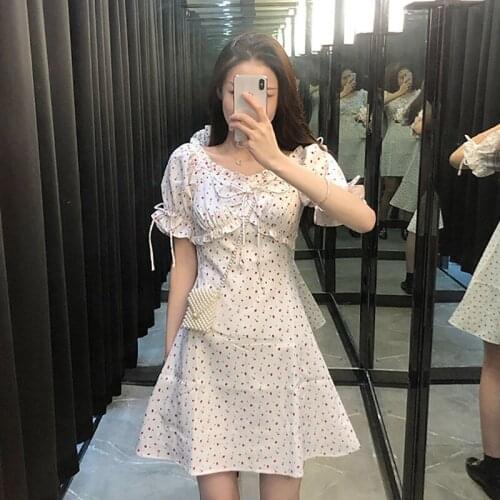 Vestidos Floral Printed Korean Fashion Puff Sleeve Clothes Bow Harajuku Dresses Female Clothing Kawaii Women A-line Dress