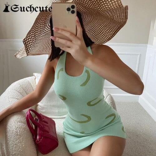 SUCHCUTE Vintage 2000s Aesthetic Striped Knitted Halter Dresses Women Summer Harajuku Sexy Bodycon Beach Mini Dress Retro