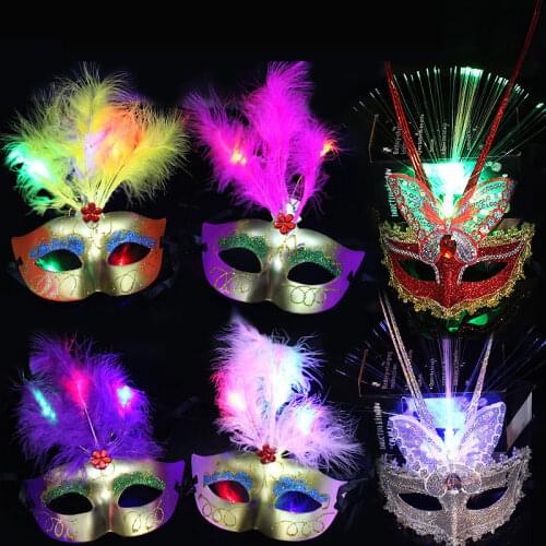 10pcs Glow LED Light Up Mardi Gras Masquerade Feather Masks Butterfly Venetian Mask for Fancy Dress Party Wedding