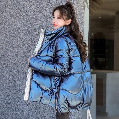 2021 Quilted jackets Womens Glossy Puffer jacket Solid Stand Collar Ladies Bomber jacket Casual Zipper Female Coat Winter Parka