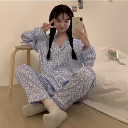 Satin pajama set women leopard sexy long sleeve sleepwear pants home suit autumn mujer two piece set homewear trousers L463