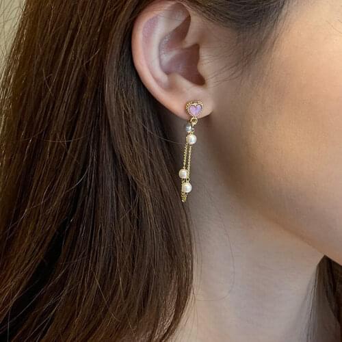 Besimpol Real 925 Sterling Silver Stud Earrings Asymmetric Heart Tassel Collision Color Pearl Earrings For Women Fine Jewelry