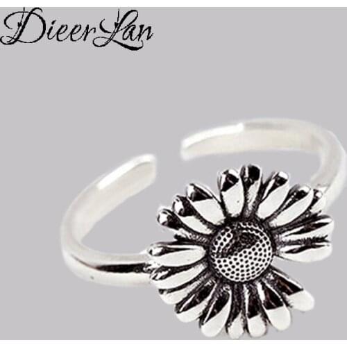 Bohemian Ethnic 925 Sterling Silver Sunflower Rings for Women Bridal Wedding Vintage Open Finger Rings Christmas Gifts
