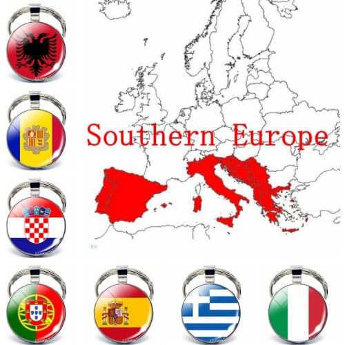 Southern Europe: Portugal Greece Spain Italy Romania Flag Key Chain Glass Jewelry Keychain Pendant Patriot National Days Gifts