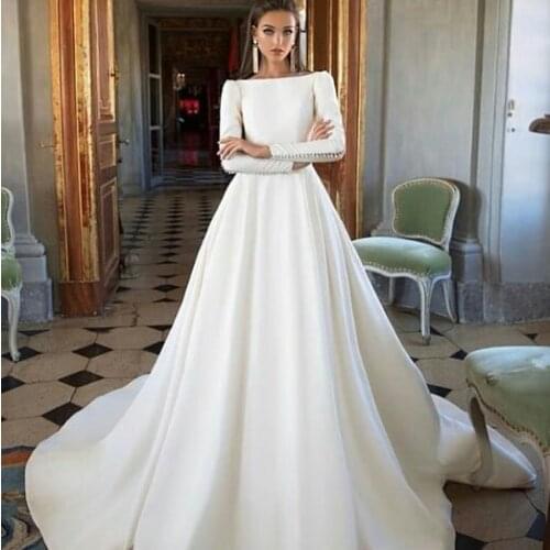 Full Long Sleeves Custom made wedding Dress 2019 Soft Satin Button Wedding Dresses