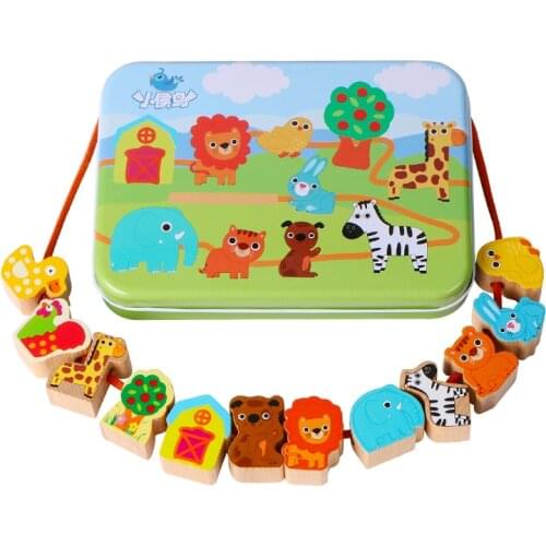 Wooden Toy Cartoon Animals Fruit DIY Toy Beads toy Stringing Threading Beads Game Education Toy for Baby Kids Children