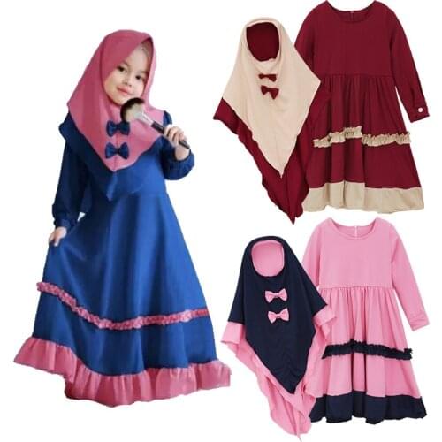 Kids Girls Abaya Muslim Bowknot Hijab Dress Abaya Sets Islamic Clothing Turkish Kaftan Arabic Two Piece Gown Robe Prayer Garment