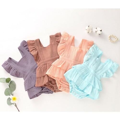 0-18M Newborn Baby Romper Elegant Ruffles Sleeveless Kid Girl Clothes Sleeveless Summer Bow Sunsuit Plain Cotton Cute Outfits