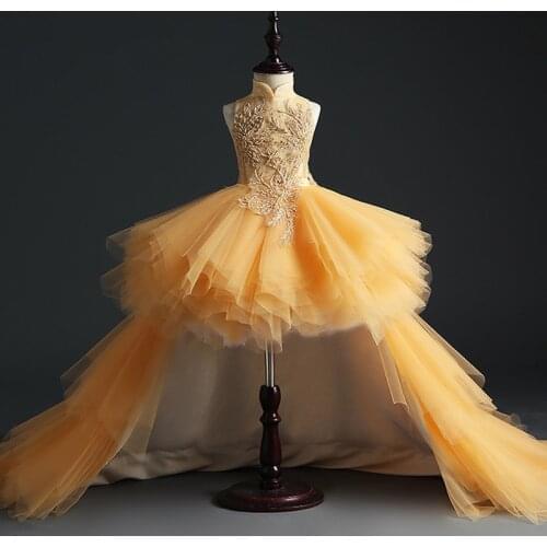 Fancy Flower Girl Dress with Train Children Long Mermaid Tulle Dressses Summer Kids Gorgeous Lace Sleeveless Ball Gown