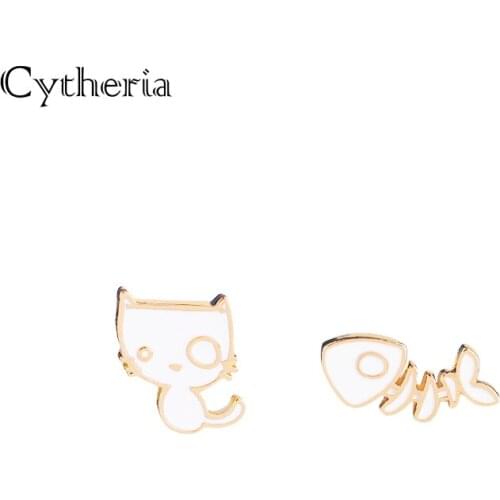 Enamel cat fish Pins And Brooches set white cat and fishbone Pin small metal Brooch lapel Pin badge Gift kids button denim girl