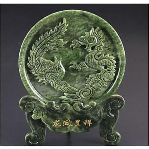 Chinese 100% Natural Jade Handwork Carved Dragon Phoenix Statue