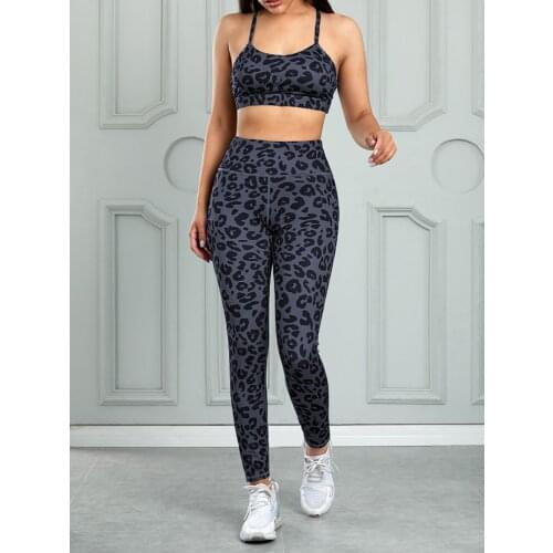 Womens Leopard Print Sports Outfits Spaghetti Strap Vest Crop Top Criss Cross Back High Waist Pockets Leggings Tracksuits Set