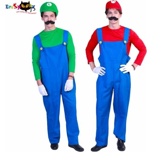 Eraspooky Classic Game Mario and Luigi Cosplay Halloween Costume Adult Men Red Green Mario Bro Cap Comic Con Party Group Outfits